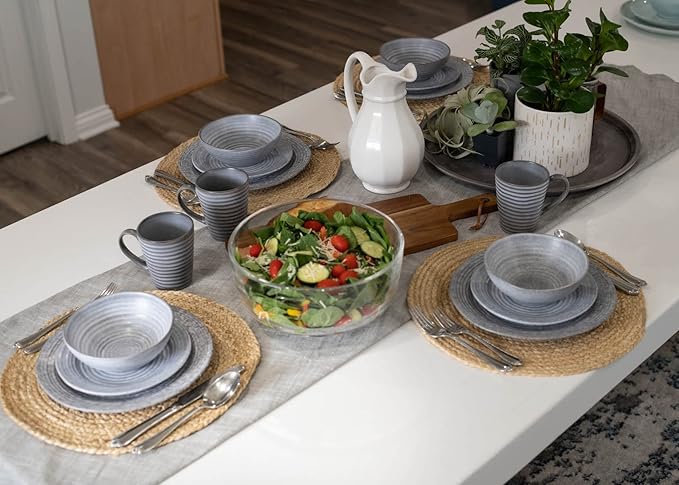 Elanze Designs Charming Chic Ribbed Modern Thrown Pottery Look Ceramic Stoneware Plate Platter Mug & Bowl Kitchen Dish Dinnerware 16 Piece Set - Service for 4, Slate Grey