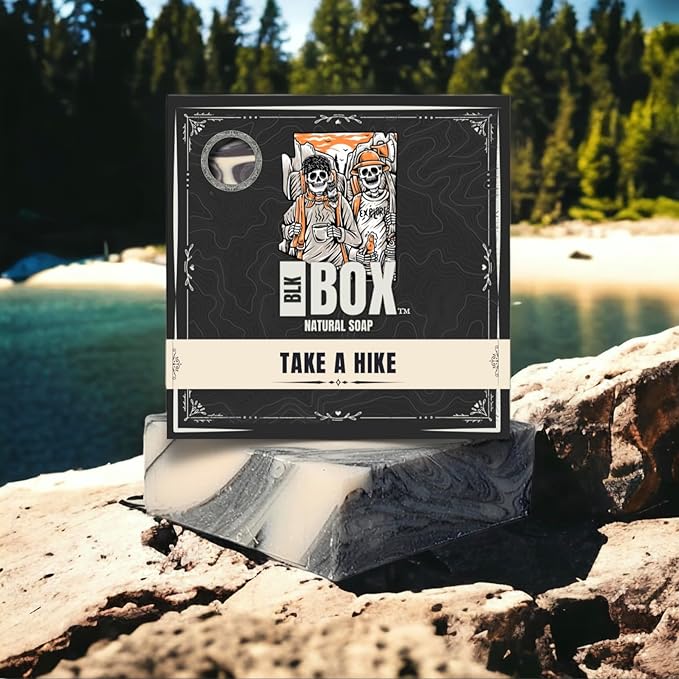 Black Box - USA MADE 5oz Men's Natural Bar Soap Made from Moisturizing Natural Oils - Handmade Cold Process Soap No Harsh Chemicals - Activated Charcoal, Musk, Sandalwood (TAKE A HIKE)