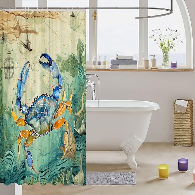 Feelyou Crab Print Shower Curtain 72"x84" Kids Sailboat Printed Bathroom Shower Curtain Set for Boys Girls Teens Ocean Themed Bath Curtain Marine Life Sealife Bathroom Accessories