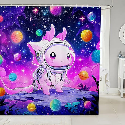 Cartoon Axolotl Kids Shower Curtains,Starry Sky Galaxy Outer Space Planet Bathroom Curtains for Girls Boys,Cute Salamander Astronaut Purple Chic Waterproof Curtains,12 Hooks Suits,72"W x 72"L