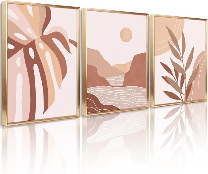ArtbyHannah Boho Canvas Wall Art, 12x16 Inch Modern Gold Framed Neutral Wall Decor with Sun & Mountains Botanical Print for Living Room Bedroom Office Decorations (3 Piece)
