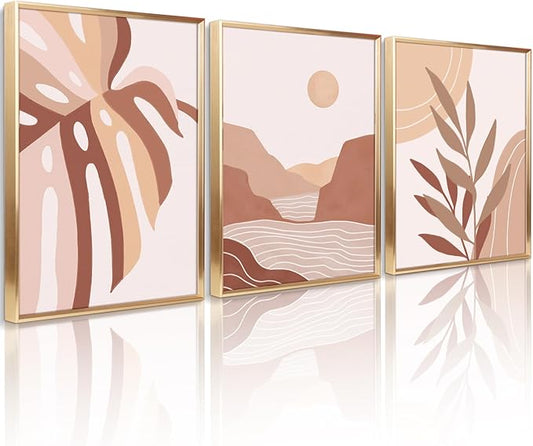 ArtbyHannah Boho Canvas Wall Art, 12x16 Inch Modern Gold Framed Neutral Wall Decor with Sun & Mountains Botanical Print for Living Room Bedroom Office Decorations (3 Piece)