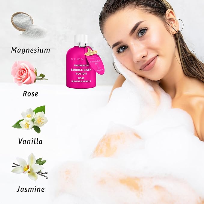 Magnesium Bubble Bath Rose Jasmine Vanilla Long Lasting Foam for Sore Muscles Epsom Salt Moisturizing Relaxing Stress Relief Spa Gift for Women