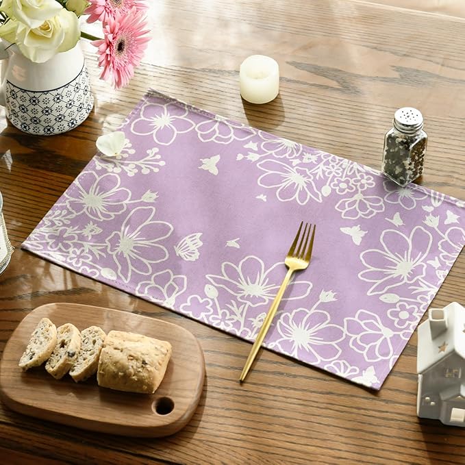 Artoid Mode Purple Flowers Floral Butterflies Spring Placemats Set of 4, 12x18 Inch Seasonal Table Mats Party Kitchen Dining Decoration