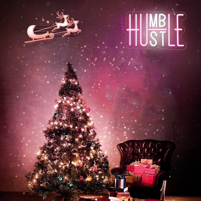 Hustle LED Neon Sign for Wall Decor, Humble LED Neon Lights for Party Decorations, USB Powered Switch Adjustable Brightness Lights, for Office Room, Gym Room, Man Cave Decor (Pink&White)