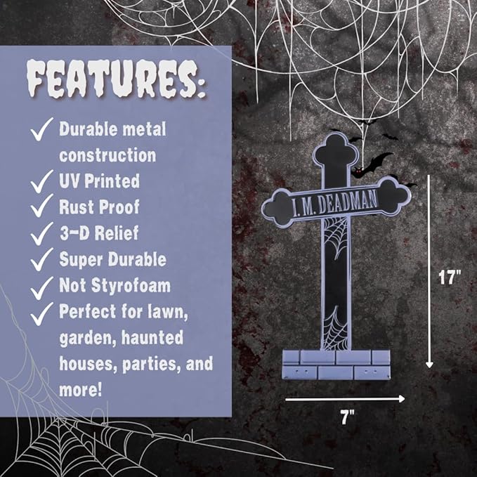 3-D Metal Halloween Ghost Cemetery XL 17" Tombstone w Stakes -I.M DEADMAN-Durable, Rustproof, UV Raised Printing-Upgrade Your Haunted House Mansion w Cemetary Lawn Decor-No More Flimsy Foam Graveyards