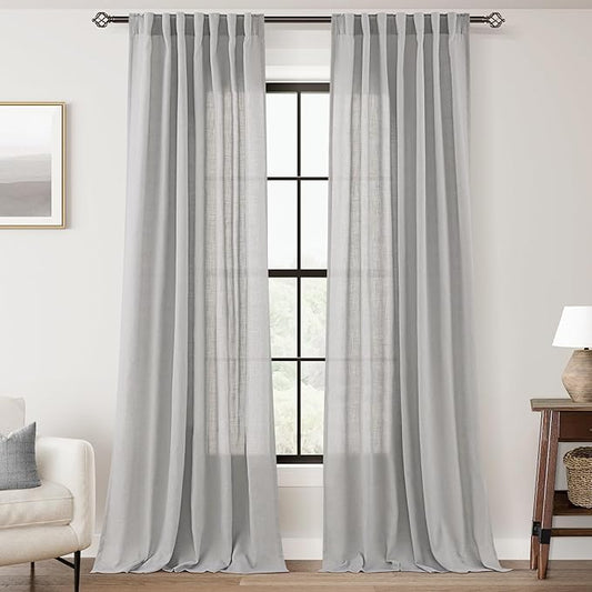 Linen Blend Grey Curtains for Living Room Back Tab Modern Farmhouse Semi Sheer Light Gray Curtains 90 inches Long 2 Panels Set Muted Neutral Cotton Texture Window Curtain for Dining Room Bedroom