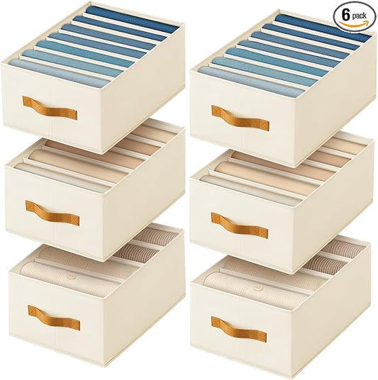 Clothes Organizers and Storage - 4/5/7 Grids Fabric Jeans Organizer with Handles, Foldable Closet Organizers Dividers, Wardrobe organizer for Pant, Sweater, T-shirt, Scarf, 6 Pack, Beige