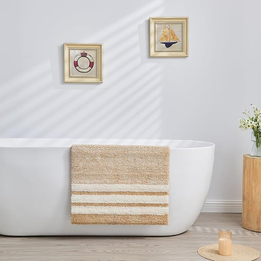 CozeCube Beige Striped Bath mats for Bathroom Non Slip, Fluffy Absorbent Microfiber Bath mat Washable, Aesthetic Bathroom Rugs, Large Bath mat for Sink, 36" x 24"