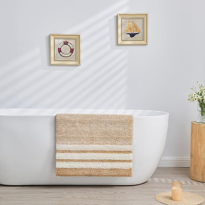 CozeCube Beige Striped Bath mats for Bathroom Non Slip, Fluffy Absorbent Microfiber Bath mat Washable, Aesthetic Bathroom Rugs, Cute Bath mat for Sink, 20" x 32"