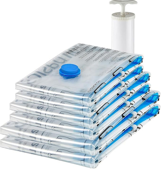 Amazon Basics Multiple Vacuum Compression Zipper Storage Bags for Space Saving and Travel with Hand Pump, 6-Pack (2 Jumbo, 2 Large, 2 Medium), Transparent