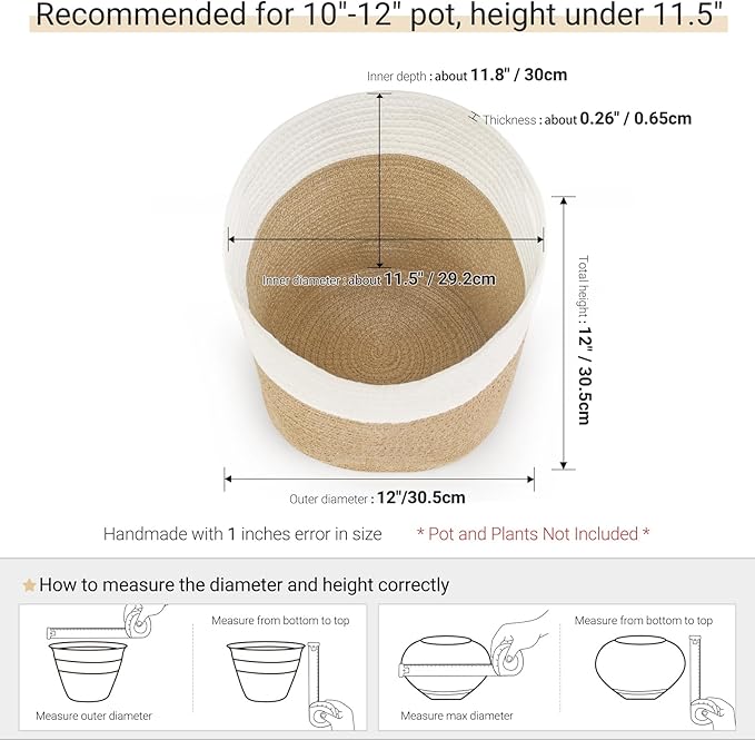 Dahey Jute Spliced Cotton Rope Plant Basket Modern Woven Storage Basket for 12.5" Floor Indoor Planter, Decorative Flower Pots Cover Laundry Bin with Handle Rustic Home Decor, White and Beige