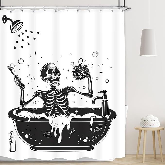 LGhtyro Funny Skull Shower Curtain Bathroom Set 71Wx71H Inches Black White Gothic Skeleton Bone Bathing in Bathtub Bubbles Spooky Cool Bath Accessories for Men Boys Art Home Decor Fabric 12 Pack Hooks