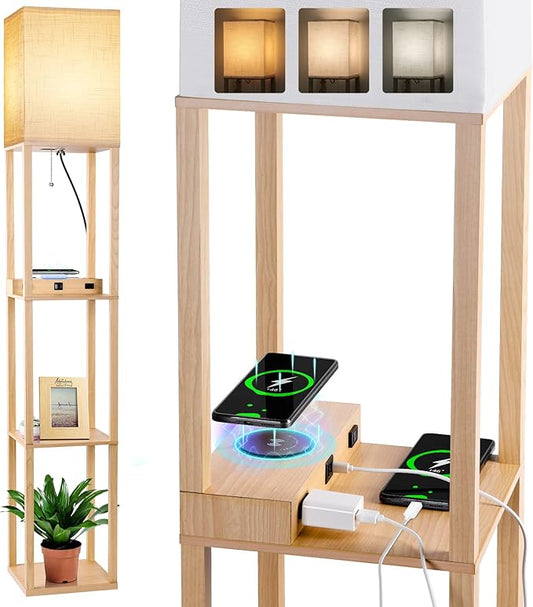 Dott Arts Floor Lamp with Shelves, Shelf Lamp with Wireless Charger & USB A+C Ports & 2 AC Outlets,3 Color Temperature Corner Tall Standing Floor Lamps for Living Room, Bedroom, Office (Burlywood)