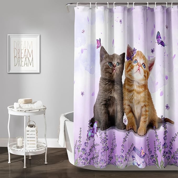 AILONEN Cartoon Cat Shower Curtain, Kawaii Kittens with Purple Flower Shower Curtain for Kids Girls Boys Bathroom Decor,Cute Pet Cat Lover Waterproof Shower Curtains Sets with Hooks,36" W*72" H
