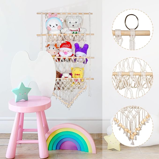 3 Tiers Plush Toy Organizer Hammock with Beads Tassels, Nursery Boho Stuffed Animals, Over the Door Organizer, Net Bag Storage Rack Bookshelf Hammocks Home Decor, 3 Layers
