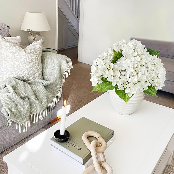 Hydrangea Artificial Flowers, Ivory White Lifelike Latex Silk Real Touch Faux Hydrangea Flowers, Artificial Hydrangeas Bouquet for Wedding Centerpieces Tables Party Home