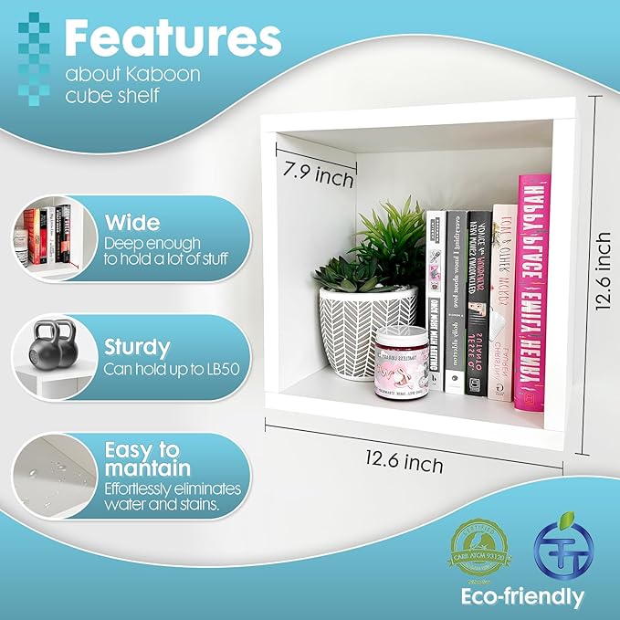 Kaboon Cube Shelves Set2, White Display Shelves Wall Mount 7.75" D x 12.5" W x 12.5" H, (White, Square 2 Cubes)