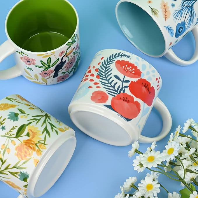 Yoiemivy Ceramic Coffee Mugs Set of 4, 16 oz Large Spring Flower Mugs Vintage Floral Coffee Cups with Handles Cute Aesthetic Easter Mug Solid Restaurant Porcelain Tea Mug - Gifts for Women Mom