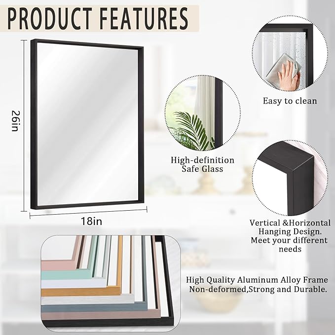 AAZZKANG Black Framed Mirror Large 26"x18" Rectangle Metal Mirrors for Wall Decorative for Bedroom Bathroom Living Room Entryway Hanging Vertically or Horizontally