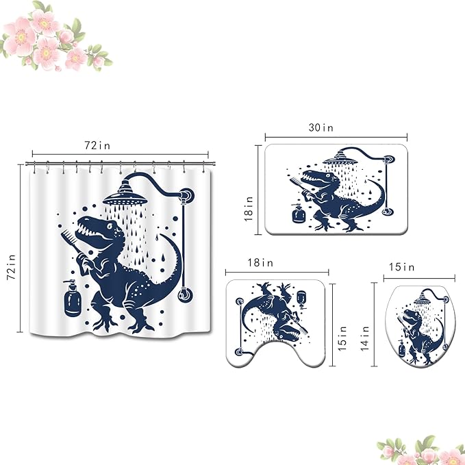 4PCS Dinosaur Shower Curtain Set with 12 Hooks for Bathroom Sets Dinosaur Decor, Non-Slip Rugs and Toilet Mat Lid Rug, Durable Waterproof for Bathroom Trex Raptor Silhouette Dinosaur Decor 72x72 Inch