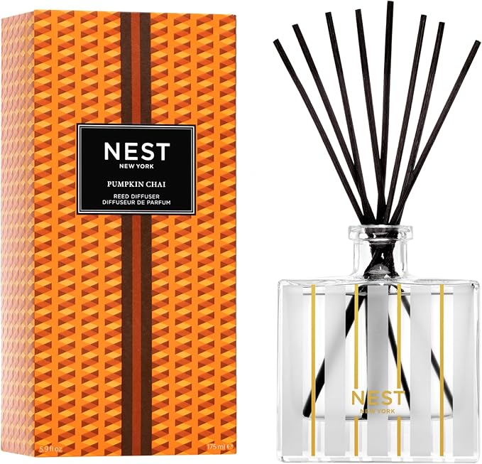 NEST New York Reed Diffuser, Pumpkin Chai - 5.9 fl oz - Fragrance for Up to 90 Days - Reusable, Refillable Glass Holder - Includes 8 All-Natural Reed Sticks - Flame Free