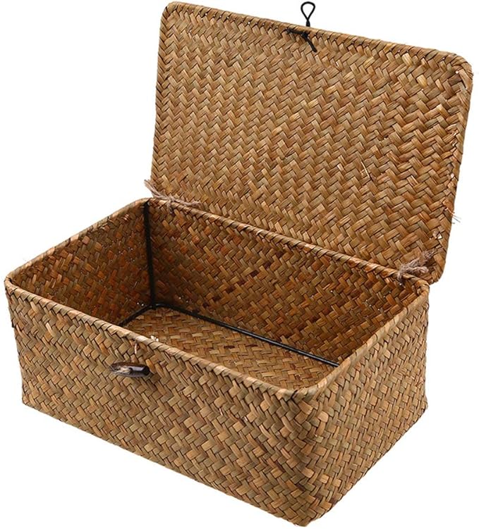 Wicker Storage Basket with Lid, Seagrass Storage Bins with Lids, Rectangular Handwoven Shelf Baskets with Lid for Home Organizer, Rattan Decorative Box for Clothes, Groceries, Snacks (L)