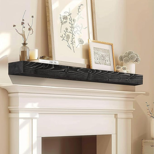 54" Fireplace Mantel, 3'' Thick Handmade Rustic Solid Wood - Wall Long Floating Shelf with Invisible Metal Bracket, Black