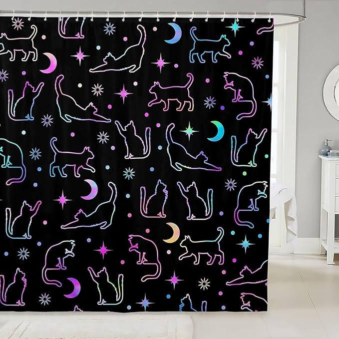 Manfei Cute Cats Silhouettes Kids Shower Curtains,Sun Moon Starry Sky Boho Bathroom Curtains for Girls Boys,Cartoon Animals Pets Neon Purple Romantic Waterproof Curtains,12 Hooks Suits,72" W x 72" L