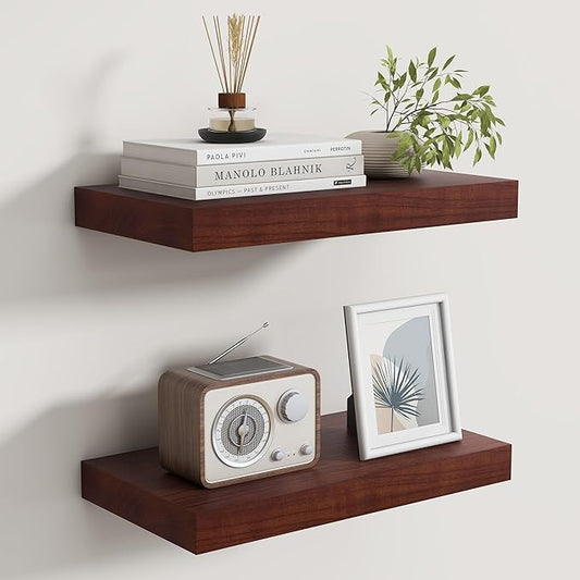 Floating Shelves for Wall, Real Wood Floating Shelf Set of 2, 8 Inch Deep Floating Shelves, Rustic Wood Wall Shelf for Home Decor, Deep Storage Shelves for Bathroom, Kitchen, 16"W x 8"D, Walnut Color