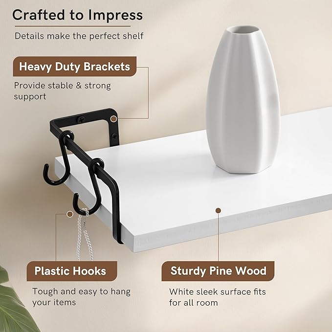 Gronda White Floating Shelves for Wall Storage Shelf with Black Brackets for Bathroom Kitchen Laundry Over Toilet Wooden Hanging Organizer Modern Minimalist Decor for Bedroom Living Room, Set of 2
