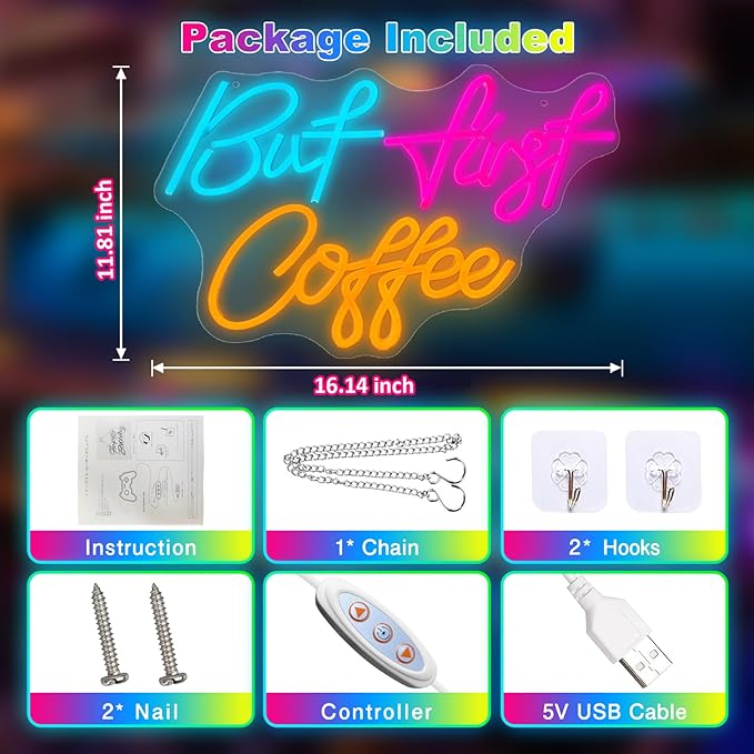 But First Coffee Neon Sign, Light Up USB Powered Dimmable Sign for Cafe Bar, Shop, Station Kitchen Home Bar Wall Decor, 16.14 * 11.81 Inch