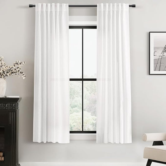 White Linen Curtains 63 inch Length 2 Panel Set for Living Room Back Tab Semi Sheer Light Filtering Bedroom Window Curtain 63 inch Long Cotton Textured Modern Elegant Coastal Drapes 42x63