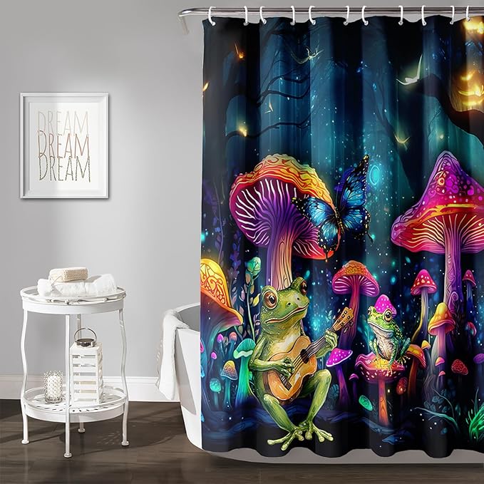 AILONEN Cartoon Frog Shower Curtain,Guitar Frog Fabric Shower Curtains for Bathroom,Magic Mushroom Weighted Polyester Cloth Bath Curtain Set,Mysterious Butterfly Bathroom Curtain,36" W*72" H