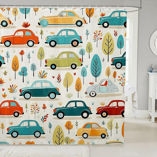 Feelyou Cartoon Car Shower Curtain Boys Girls Luxury Car Fabric Shower Curtain for Kids Colorful Tree Bathroom Waterproof Accessories with 12 Hooks Colorful Car Curtains,72x72 Inches