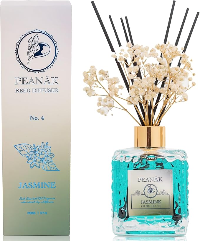 Reed Diffuser Set - Jasmine Amber Oil, Oil Diffuser Sticks, Bathroom Diffuser, Bathroom Decor, 200ml with Preserved Flowers - PEANÄK