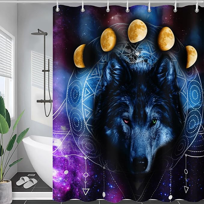 AILONEN Wolf Shower Curtain,Boho Moon Wolf Bath Curtain for Bathroom Decor,Galaxy Wolf Polyester Waterproof Whit 12 Plastic Hooks 48" W*72" H