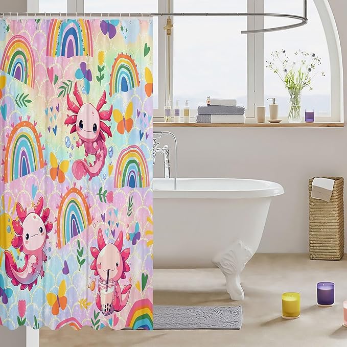 Feelyou Cute Axolotl Bathroom Waterproof Accessories with 12 Hooks Cartoon Salamander Shower Curtain for Kids Boys Girls Rainbow and Butterflies Fabric Shower Curtain Ombre Curtains,72X84 Inches