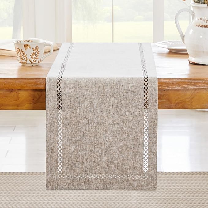 Burlap Style Farmhouse Table Runner, 13 x 60 Inch Coffee, Rustic Geometric Hollow Table Runners 60 Inches Long for Dresser Table Everyday Use, 13x60 Inches, Coffee