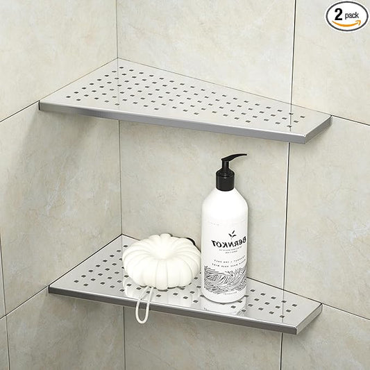 Corner Shower Shelf 12" Polished 304 Stainless Steel Recessed Trapezoid Shampoo Shelves with Grid Design Bathroom Shelf Racks for Tiled Wall, No Drilling Needed, 2 Pack