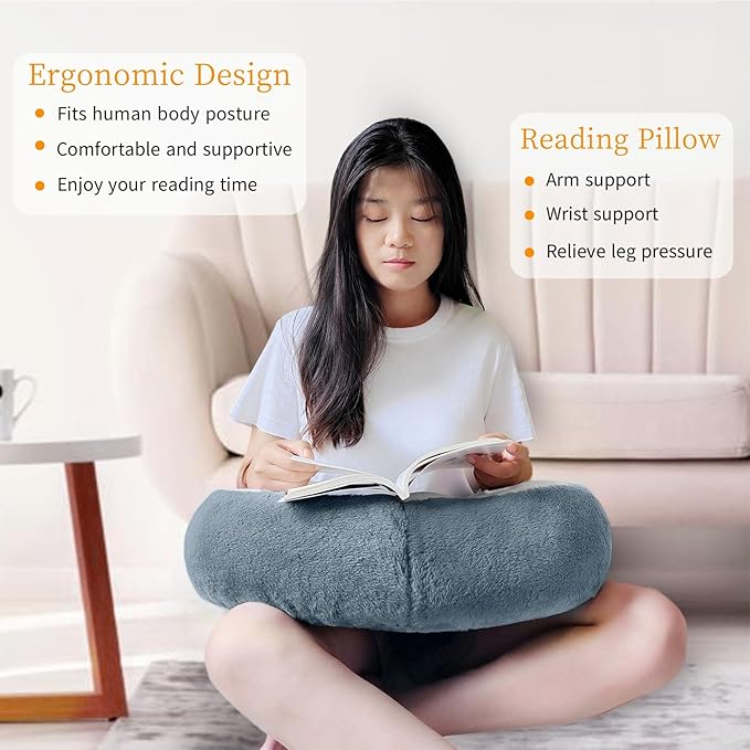 Reading Pillow Lap Pillow for Reading Gaming Pillow for Arms Crochet Pillow Provides Wrist & Elbow Support Suitable for Reading Gaming Working While Sitting on The Bed Floor or Sofa （Grey）