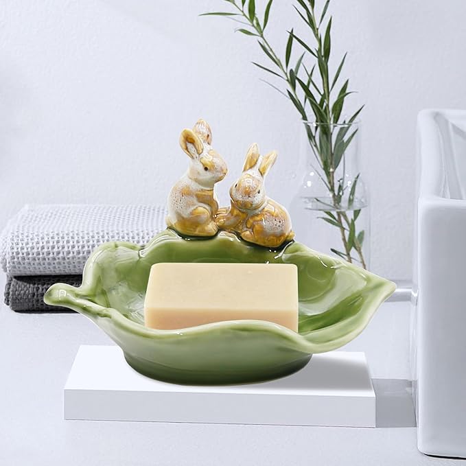 Rabbit Ceramic Soap Dish, Decorative Bunny Soap Plate, Key Bowl Jewelry Dish, Green