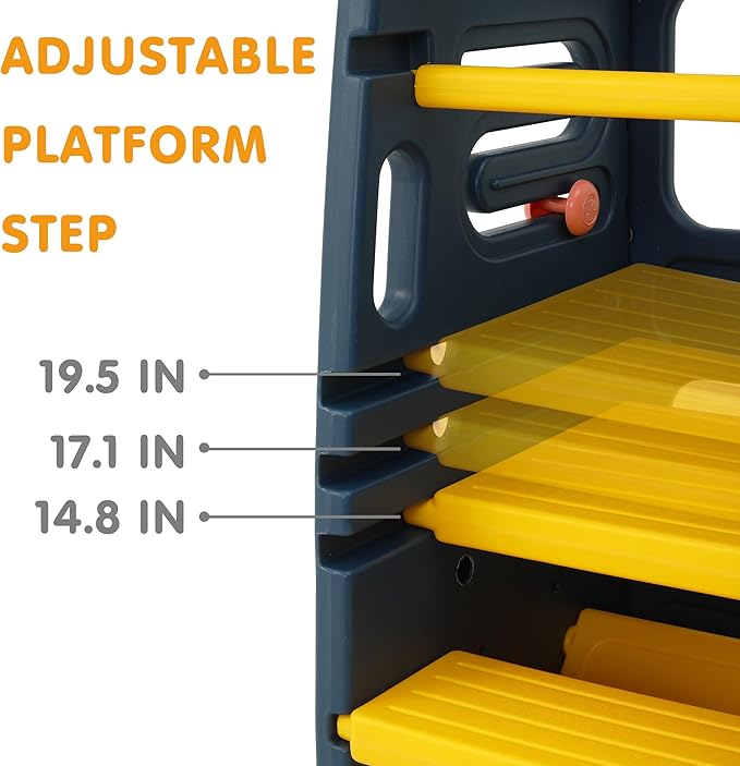 SDADI Multifunctional Toddler Tower with Double Safety Rails - Adjustable & Non-Slip for Kitchen and Bathroom Use - Montessori Step Stool for Kids, Dark Blue and Yellow