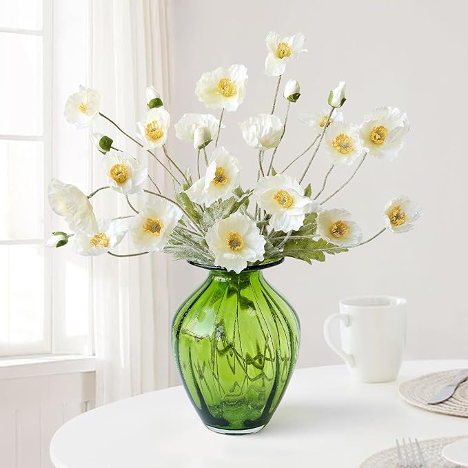 White Poppy Silk Flowers, 6pcs Lifelike Artificial Plants & Flowers, Faux Poppies Bouquet with Long Stems for Spring Kitchen Table Centerpiece Wedding Baby Shower Home Cemetery