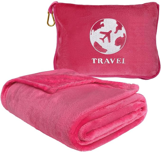 Bnuitland Travel Blanket and Pillow 2 in 1, Soft Flannel Airplane Blanket in Bag Compact-Long Flight Essential for Adults and Kids, Portable Luggage Sleeve and Backpack Clip, 65×40 inch Hot Pink