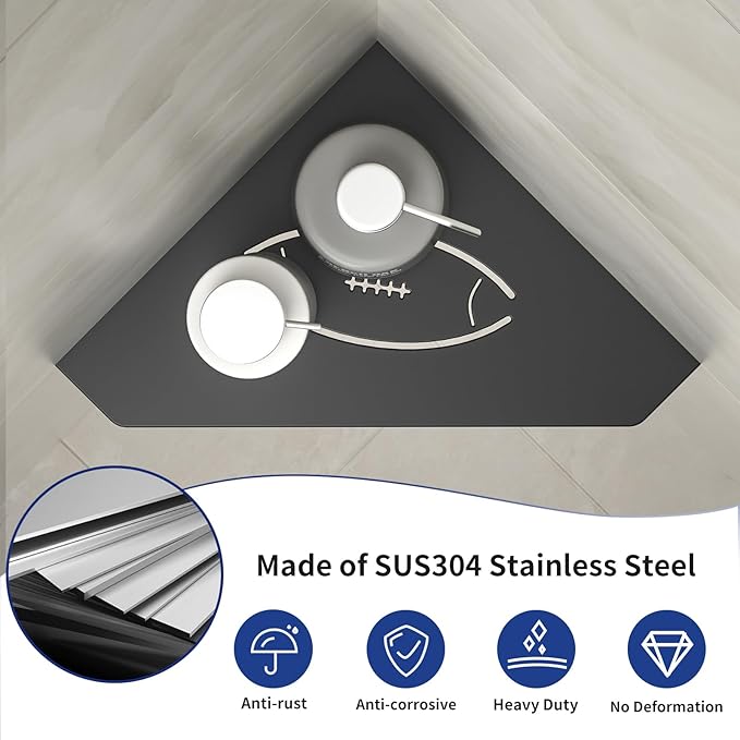 Corner Bathroom Shelf 10", 304 Stainless Steel Pentagonal Heavy Duty Floating Shelf with Football Hollows for Tiled Wall (Black)