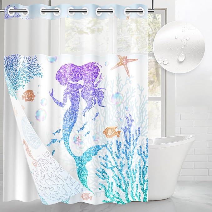 Mermaid Glitter No Hook Shower Curtain with Snap in Liner, Coral Starfish Seashell Underwater Bath Curtain with Double Layers Waterproof Fabric and Mesh Top Window 71x74 Inch