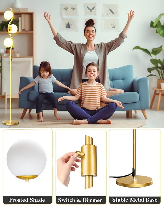 60IN Dimmable (Brightness Adjustable) Gold Floor Lamp, Modern Standing Lamps with 3 Globe Soft Warm White 3000K Bulbs, Mid Century Floor Lamp for Living Room Bedroom Home Decor