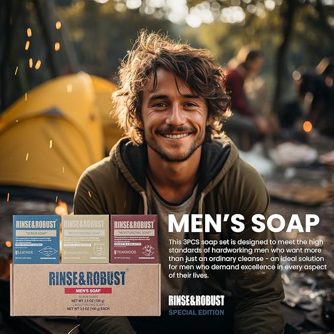 Rinse & Robust Mens Bar Soap Bath Bar Soap 3Pack Handmade Natural Soap Bar Set Cleansing Bar Moisturizing&Exfoliating Scrub Soap Fathers Day Gift Set | Leather, Sandalwood, Teakwood | 3.5 oz of 3 Bars