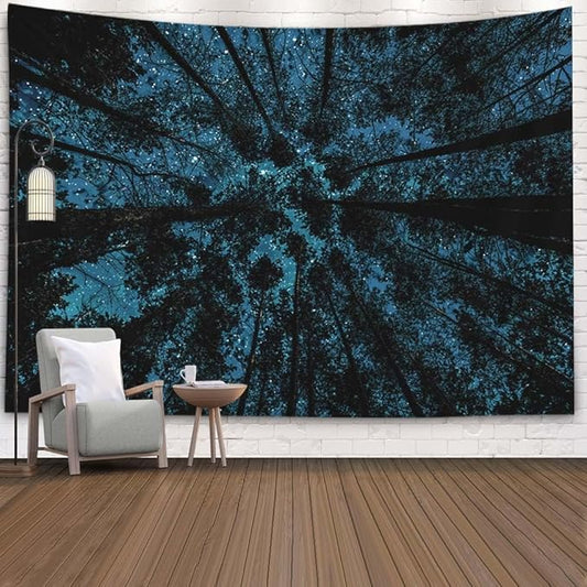 EMMTEEY Forest Tapestry for Bedroom & Ceiling Wall Art - Starry Night Sky with Dark Stars Aesthetic Wall Hanging Décor 80x60 Inch for Dorm Living Room